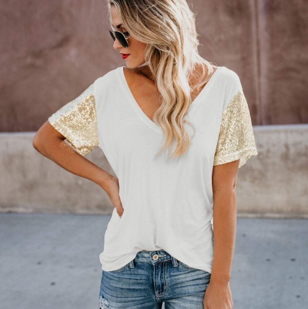 Boutique Sparkling Gold Sleeved Sequin V Neck Casual T-shirt - Picture 3 of 10